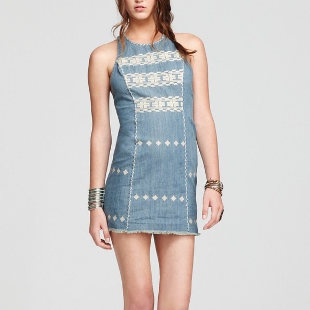 NWT $118 Free People Chambray Embroidered Dress, S